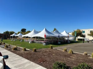 A large white tent in the middle of a park.