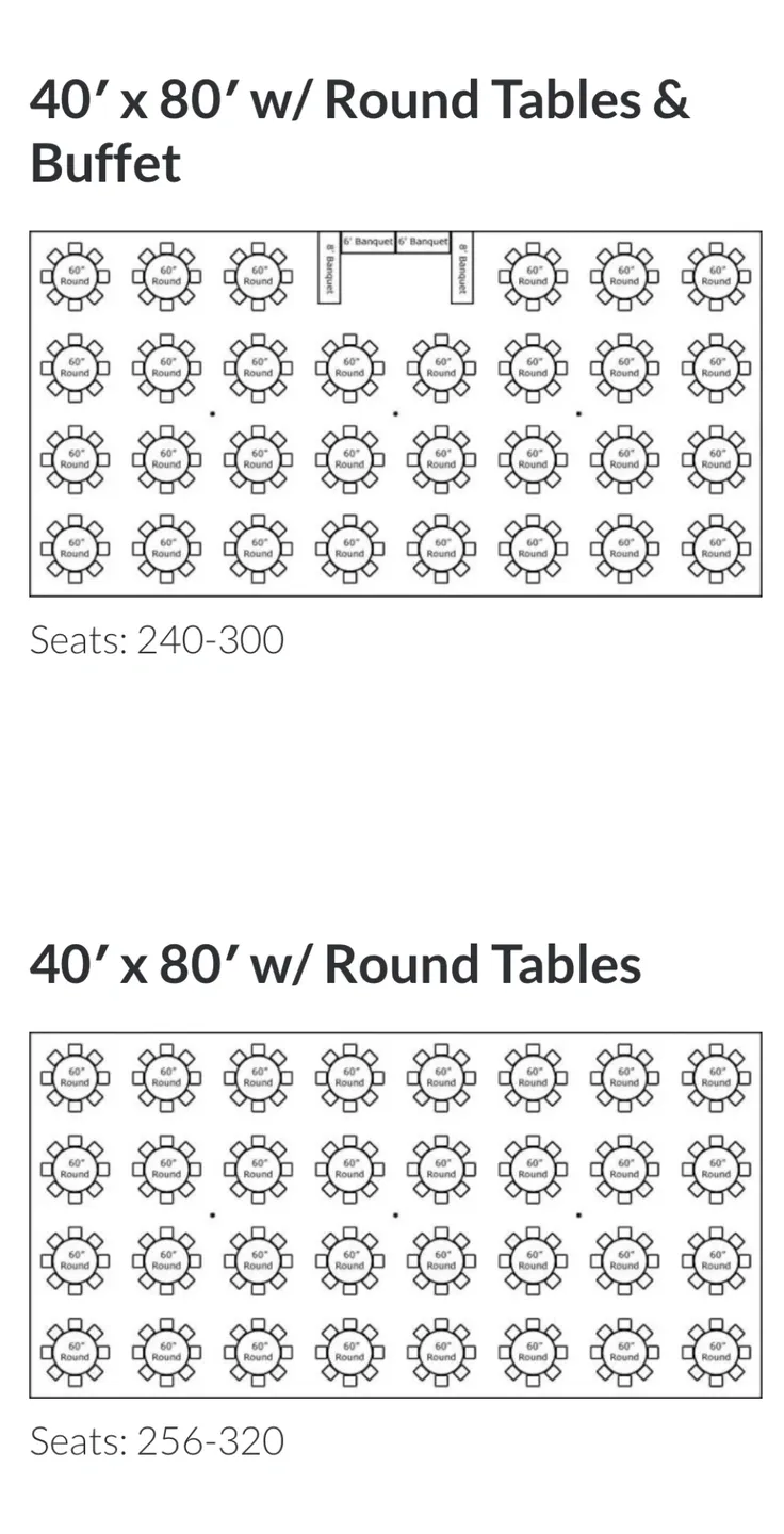 A table with seating for 2 4 0 people and round tables.