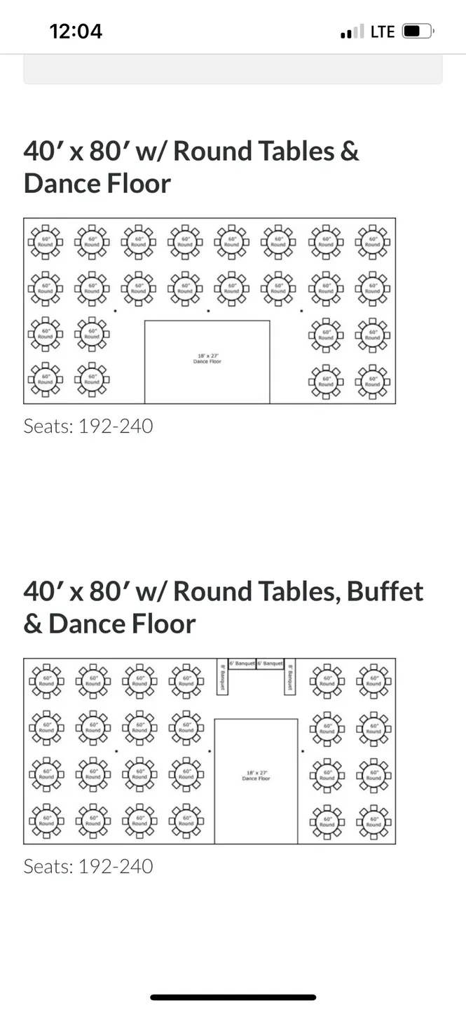 A floor plan of two different tables and dance floors.