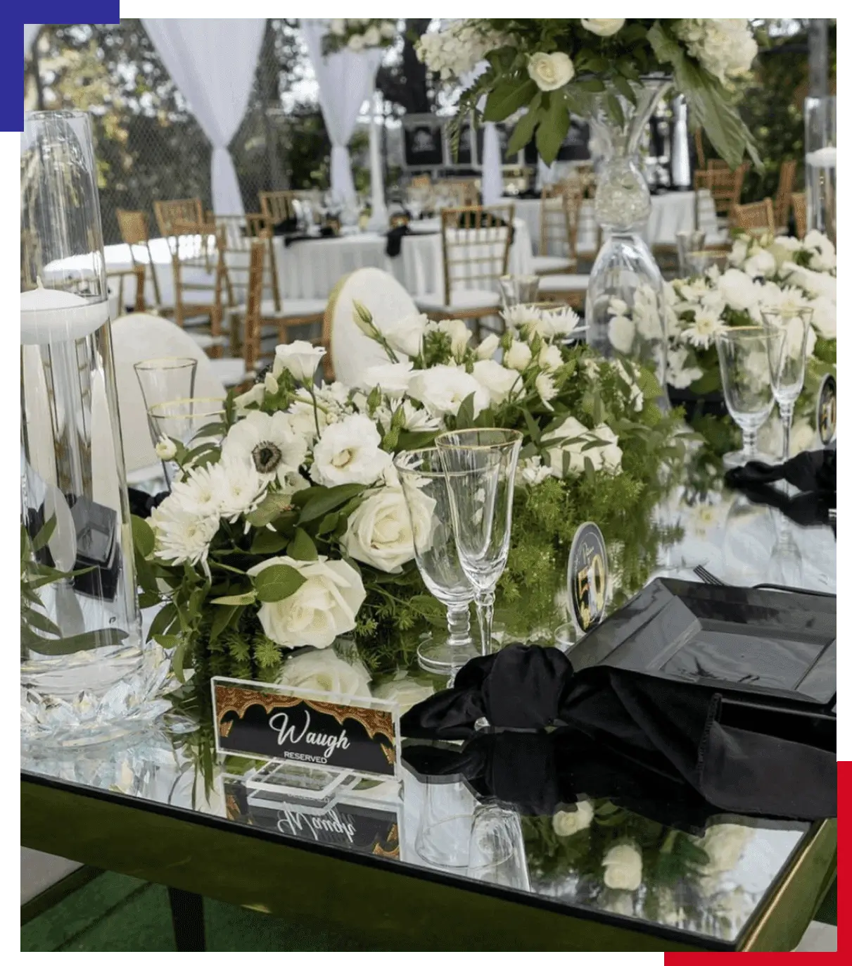 A table with white flowers and black chairs